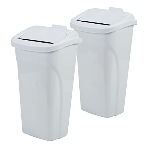 United Solutions 10 gal/40 Qt All-in-One Wastebasket, 2 pacote e lixo fino com lata de lixo integrada com tampa e escova, ótima para cozinha, escritório e banheiro, branco