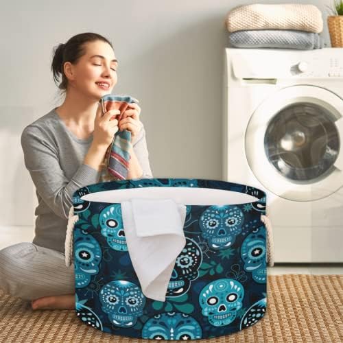 Crânio de açúcar azul méxico cestas grandes redondas para cestas de lavanderia de armazenamento com alças cestas de armazenamento
