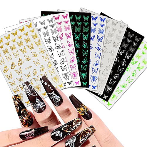 8 lençóis adesivos de arte de borboleta adesivos de arte decalques de primavera decorações de unhas 3d auto-adesivo preto