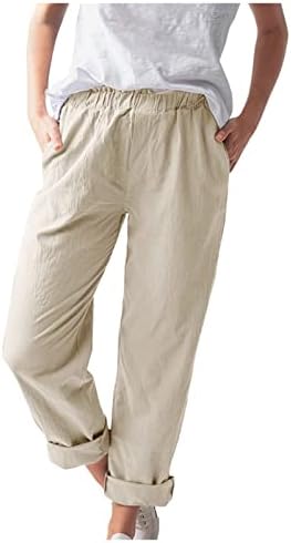 Calça de linho de algodão Mulheres calças casuais de verão com bolsos soltos Caminhadas soltas Solididade de cintura alta calça