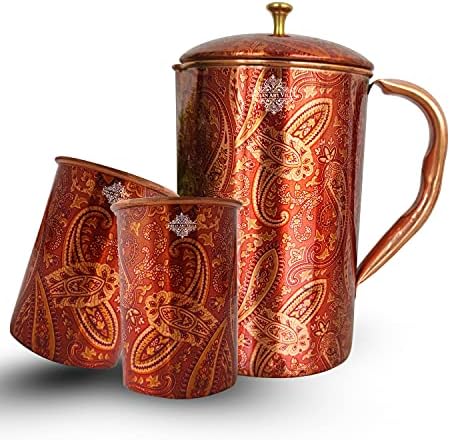 Indian Art Villa Design Impresso Pure Copper 1 Jug 2 Conjunto de vidro, Drinkware, armazenamento e servir água, cor-vermelha,