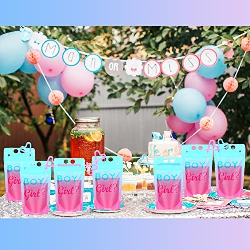 50 peças Gênero Revelação de festas Drink Bolsa Copo de bolsas de zíper transparente com 50 canudos, 17 oz de bolsas de bebida plástica copos de menina reutilizável para chá de chá de bebê Favores