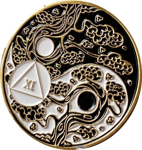 Recoverychip 11 anos AA Medallion Sakura Tree Blossom Blossom Ying Yang Medalhão de oração em preto e branco