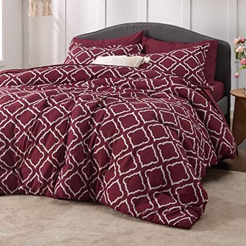 Bedsure Red Consold Set Queen - Cama em uma bolsa Queen 7 peças, conjuntos de roupas de cama de Borgonha, quentes, para todos os componentes, lençóis, travesseiros e shams
