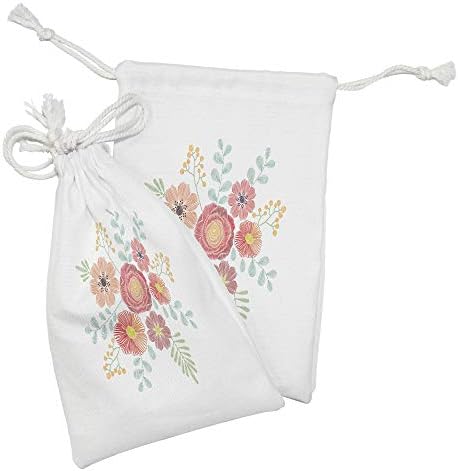 Conjunto de bolsas de tecido floral de Ambesonne de 2, composição de flores e folhas de estilo tradicional de estilo tradicional vintage em tons pastel, pequenas bolsas de cordão para máscaras e favores de produtos de higiene pessoal, 9 x 6, multicolor