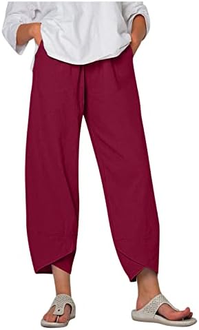 Ethkia Capri Leggings perna reta Ceda alta Capri Capri Cotton Linen calças com bolsos de calças elásticas para mulheres
