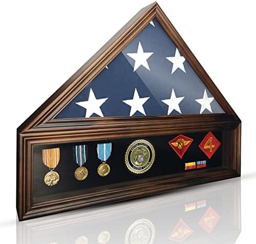Medalha Rack de prêmios Military Shadow Box Exibir para a bandeira do enterro fúnebre para veteranos americanos se encaixa na bandeira, certificado, medalha, pinos, remendos. Pinheiro de vidro real e Nova Zelândia.