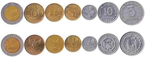 7 moedas da Indonésia | Coleção de moedas da Indonésia 5 10 25 50 100 500 1000 Rupiah | Circulado 1974-2003 | Noz -moscada | Palm de