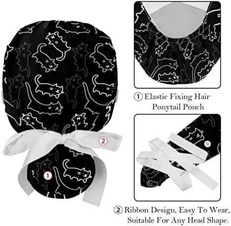 Banco de trabalho com botões enfermeiro bouffant chapéu simples de desenho animado de desenho animado gato tampa preta para mulheres cabelos longos