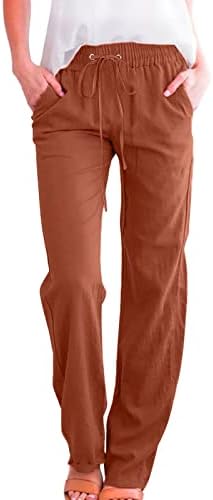 Calças de linho de algodão casual de verão para mulheres calças de perna larga com bolsos calças de perna lisas de cor sólida de cor sólida