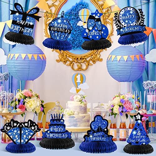8 peças decorações de festa azul marinho para homens azul prata prata preto aniversário honeycombs peças centrais de feliz aniversário