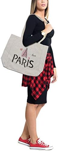 Bolsa de compras de Ambesonne Eiffel Tower, tipografia e construção de Paris desenhados à mão, bolsa reutilizável ecológica