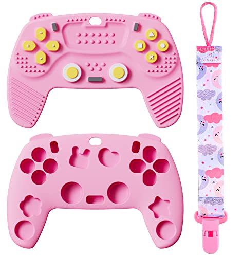 Controlador de jogo remoto formato de dentição para bebê, brinquedos de bebê de silicone macio com clipes de chupeta, controle