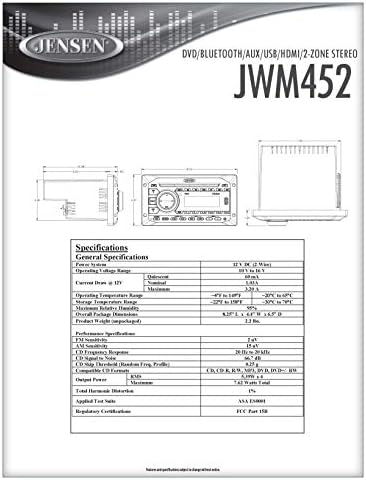 Jensen JWM452 Zonas de 2 alto-falantes AM/FM | DVD | BT | AUX | Usb Bluetooth Mount Strereo, Front USB com reprodução de Mp3/WMA, slot de DVD e MP3 Compatible, entrada frontal A/V, Remote incluído