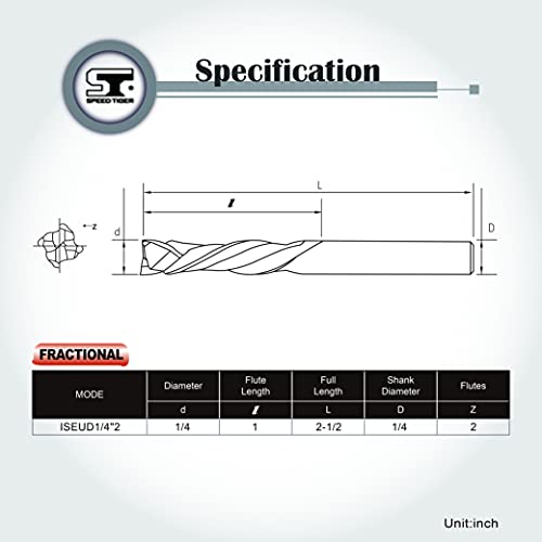 Speed ​​tiger iseud carboneto de roteador espiral bits, bit de compressão para baixo, 1/4 ”de diâmetro, comprimento de corte de 1”, 2-1/2 OVL para madeira/madeira de madeira/mdf/oak/alumínio -feita em Taiwan