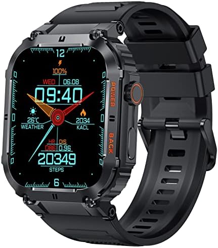 Tiwain Military Smart Watch for Men, 1,96 polegadas HD Tactical Outdoor Rugged Smartwatches para telefones Android Compatível para iPhone, rastreador de fitness com frequência cardíaca Monitor de sono com pressão arterial
