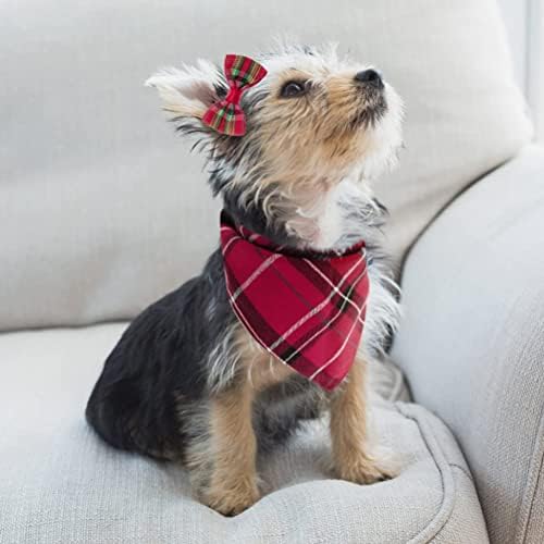 Pupteck Bow Tie Dog Collar with Bell - Classic Plaid Bandana Triangle Bibs Acessórios de cachecol com arcos de cabelo de 2 pacote, vermelho