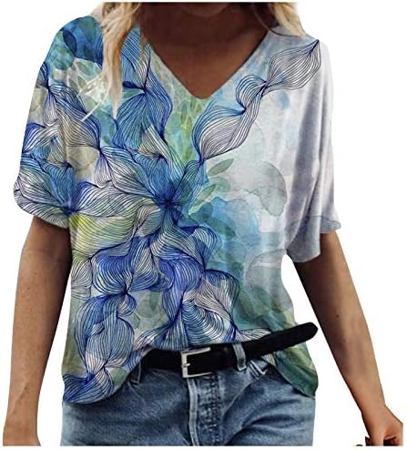 Tampas casuais de verão para mulheres por toda a tampa colorida de tampos coloridos v pescoço de manga curta camiseta 2023 blusas