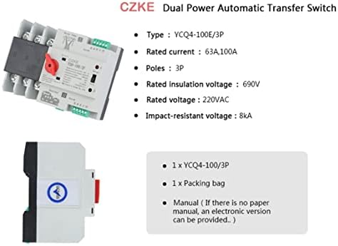 Scruby YCQ4-100E/3P 63A 100A Power Dual Power Automatic Transfer Switch 220V AC 8Ka DIN ATS ATS Switches Power ininterrupto
