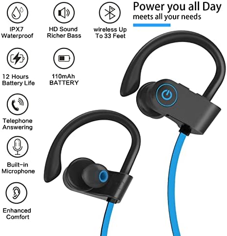 Fones de ouvido Bluetooth, fones de ouvido esportivos sem fio ipx7 à prova d'água para academia de exercícios, 12 horas de