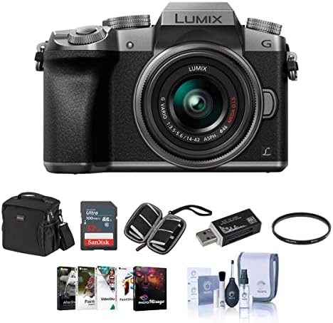 Câmera Micro 4/3s de Lumix DMC-G7 Panasonic Lumix DMC-G7 com lente de 14-42mm, pacote de prata com caixa da câmera, cartão SDHC de 32 GB, kit de limpeza, carteira de memória, leitor de cartão, filtro UV de 46 mm, pacote de software