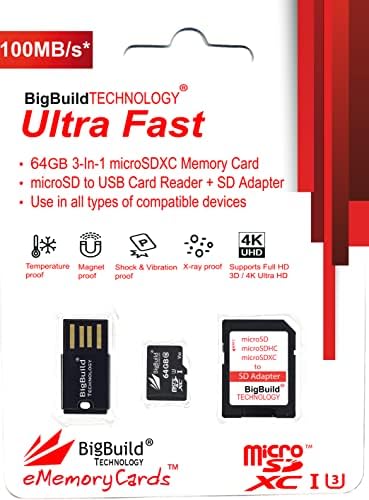BigBuild Technology 64 GB Ultra Fast 100MB/S U3 MicrosDXC Card para Motorola Moto G9 Play/Plus/Power, G10, G10 Power, G100 Cell Phone