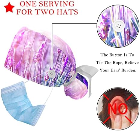 2 PCS Nurse Scrub Caps Cabelo longo, Flor de lavanda Blossom Blossom Cap com botão e banda de moletom