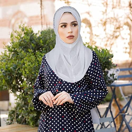 Aieoe feminino strass em cabeça muçulmana enrola a cor simples pré-amarrada hijab tampa leve de uma peça de cabeça respirável lenço branco