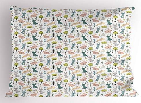 Ambesonne Jungle Cartoon Pillow Sham, padrão com coelhos pastel engraçados e árvores de plantas florais florescentes, travesseiro