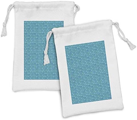 Conjunto de bolsas de tecido abstrato de Ambesonne de 2, ilustração de tons azuis verdes em escala de peixes minimalistas contínuos, pequenos saco de cordão para máscaras e favores de produtos de higiene pessoal, 9 x 6, azul marinho do mar escuro azul marinho