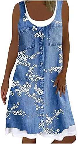 Vestido sem mangas de verão feminino estampa floral casual solto de duas peças tanque de jeans de duas peças vestido de camiseta solta vestido de travamento #