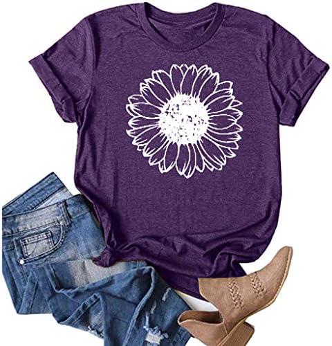 Camisetas para mulheres, camiseta de verão de girassol feminino PLUSTE TAMANHA BLOSHA LOUS TOPS MENINA MENINA CASTA CASUAL DE MANAGEM CURFA