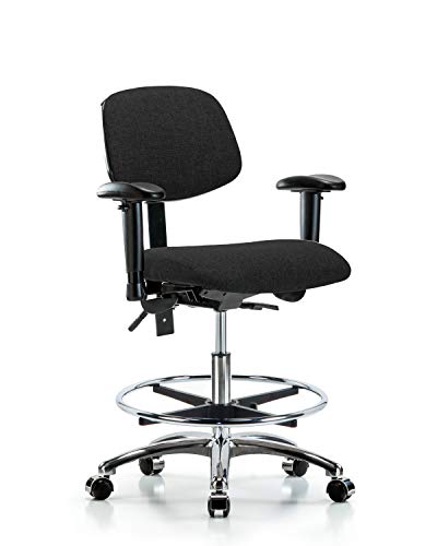 Labtech Seating LT42098 Cadeira de bancada média, tecido, base cromo/braços/anel de pé/rodízios, preto