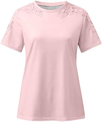 Camisas de verão para mulheres renda de manga curta camisetas da moda Tops de cores sólidas saindo da tripulação Blusa casual de