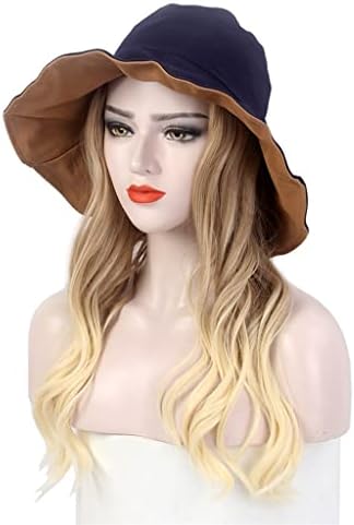 Ganfanren Ladies Hair Hat Hat One Black Shade Fisherman Hat Wig Plus Hat Hat Long Curly Gold Wig Hat One One