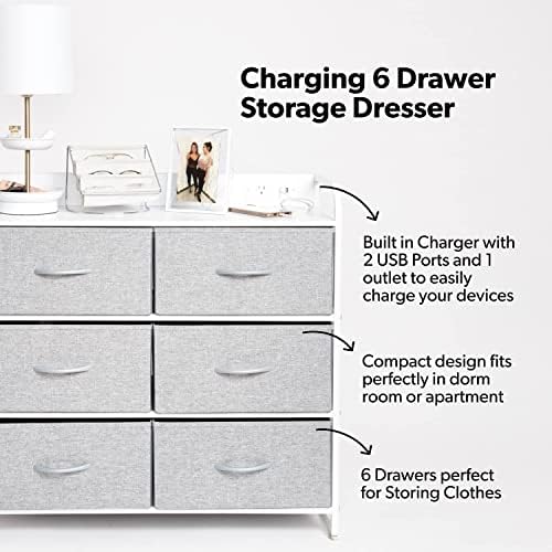 Dormify Charging 6 Dreta Crescera | Torre de armazenamento de roupas | Gavetas de armazenamento | Organizador | 1 saída e 2 portas USB | Dresser para armário | Cinza | 32,75 W x 30,9 H x 11,4 D | Comprimento do cabo de 5 pés