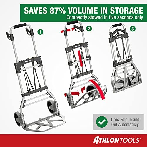 Athlon Tools Aluminium dobrável carrinho de mão - até 330 lb - rodas de corrida suave com degraus macios - incl. 2 cordões em