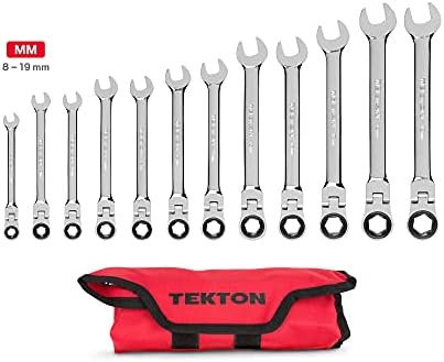 Tekton WRN57190 Chave de combinação de catraca de cabeça flexível com bolsa de armazenamento roll-up, métrica, 8 mm-19