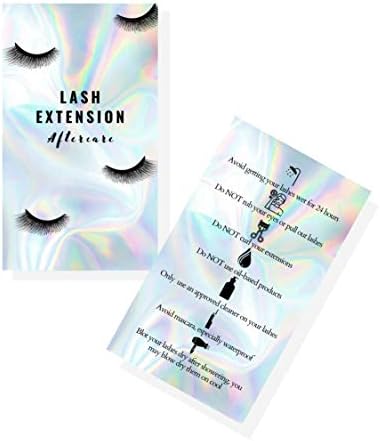 Cartões de Instruções de After cuidados com extensão de cílios | 50 pacote | Tamanho do cartão de visita 3,5x2 polegadas após o cuidado | Design de aparência holográfica de arco-íris fosco não reflexivo