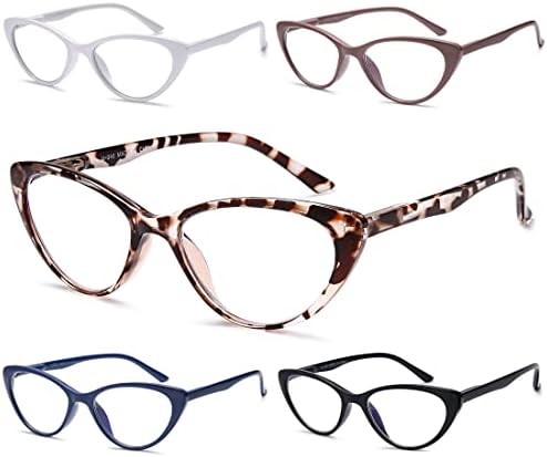 Óculos de leitura para mulheres 5 Pacote de gato de gato e óculos de leitura, homens azuis bloqueando os leitores com dobradiças