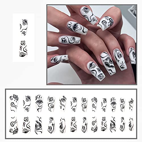 24 PCs Square Pressione Pressione Nails Médio Unhas Falsas Acrílico Fosco de Acrílico Falso Nails Falsa Linha Black Eyes