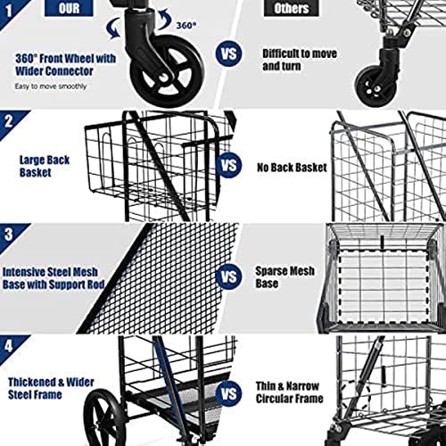 Carrinho de compras dobrável, Jumbo Double Basket Utility Grocery Cart Capacidade de 330 libras com rodas giratórias de