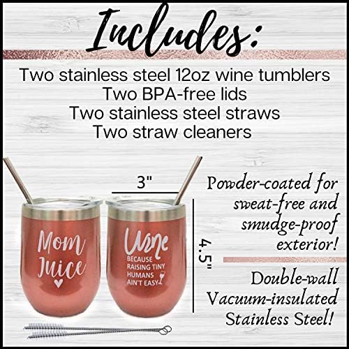 Tumblers de vinho de ouro rosa definidos para copos de vinho de aço inoxidável para mães com tampa e idéias de presente de palha para