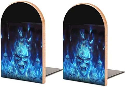 Blue Flame Skull Book Book Endswooden Bookends Holder para prateleiras Livros Divisor Moderno Decorativo 1 par