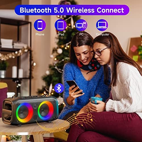 Alto -falantes Bluetooth HBYGE 60W, alto -falante portátil 100 pés sem fio com luzes coloridas, subwoofer, microfone, remoto, rádio FM, TWS, USB. Presidente do Bluetooth 5.0 para casa