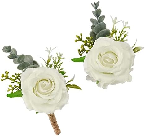 Weispark Ivory Rose Corsage e Boutonniere Conjunto, pulseira de pulseira Pulseira e homens boutonniere para acessórios de flores brancas de flores de casamento