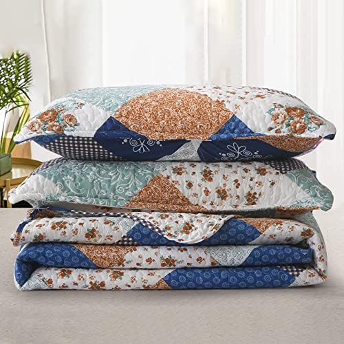 Dinjoy reversível retchwork Quilt Bedding Set size queen tamanho azul verde xadrez xadrez flora