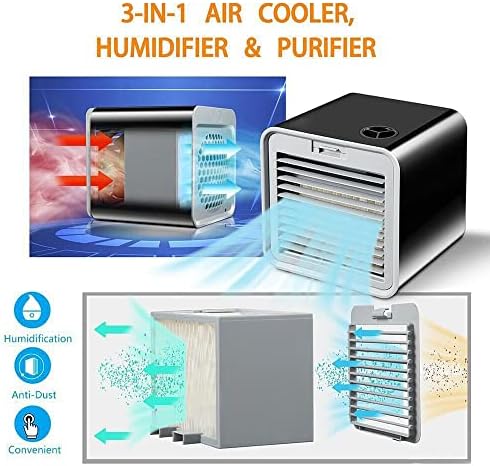 Xaronf Mini Air Conditioner, ar condicionado portátil para quarto, fã de refrigerador de ar pessoal USB com umidificador, 3 velocidades, refrigerador de ar evaporativo para carros de animais de estimação