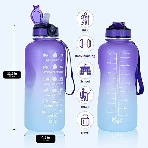 Majjik grande meio galão / garrafa de água de 64 onças com palha, garrafa de água motivacional livre de BPA com marcador de