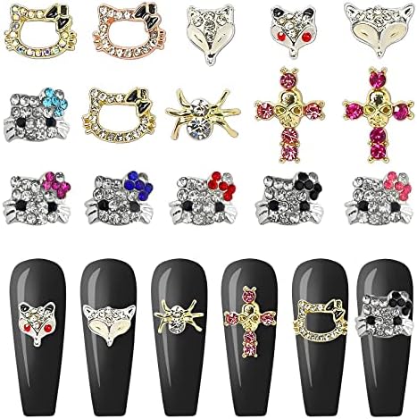 15pcs Charms de unhas de gato fofos Charms de unhas de unhas 3D Charme de unhas de metal, gato cruzado para decorações de arte